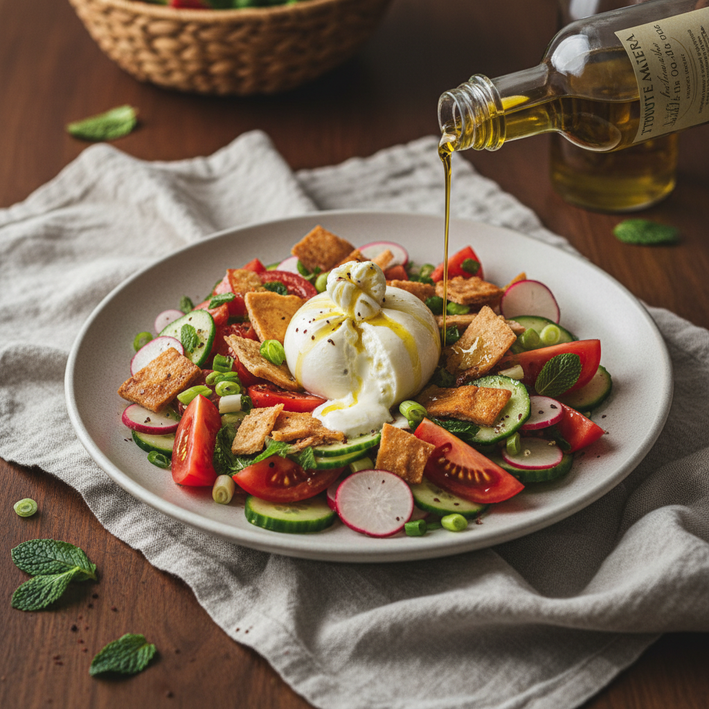 Fattoush Libanese con Pane Fritto in Olio d'Oliva & Burrata