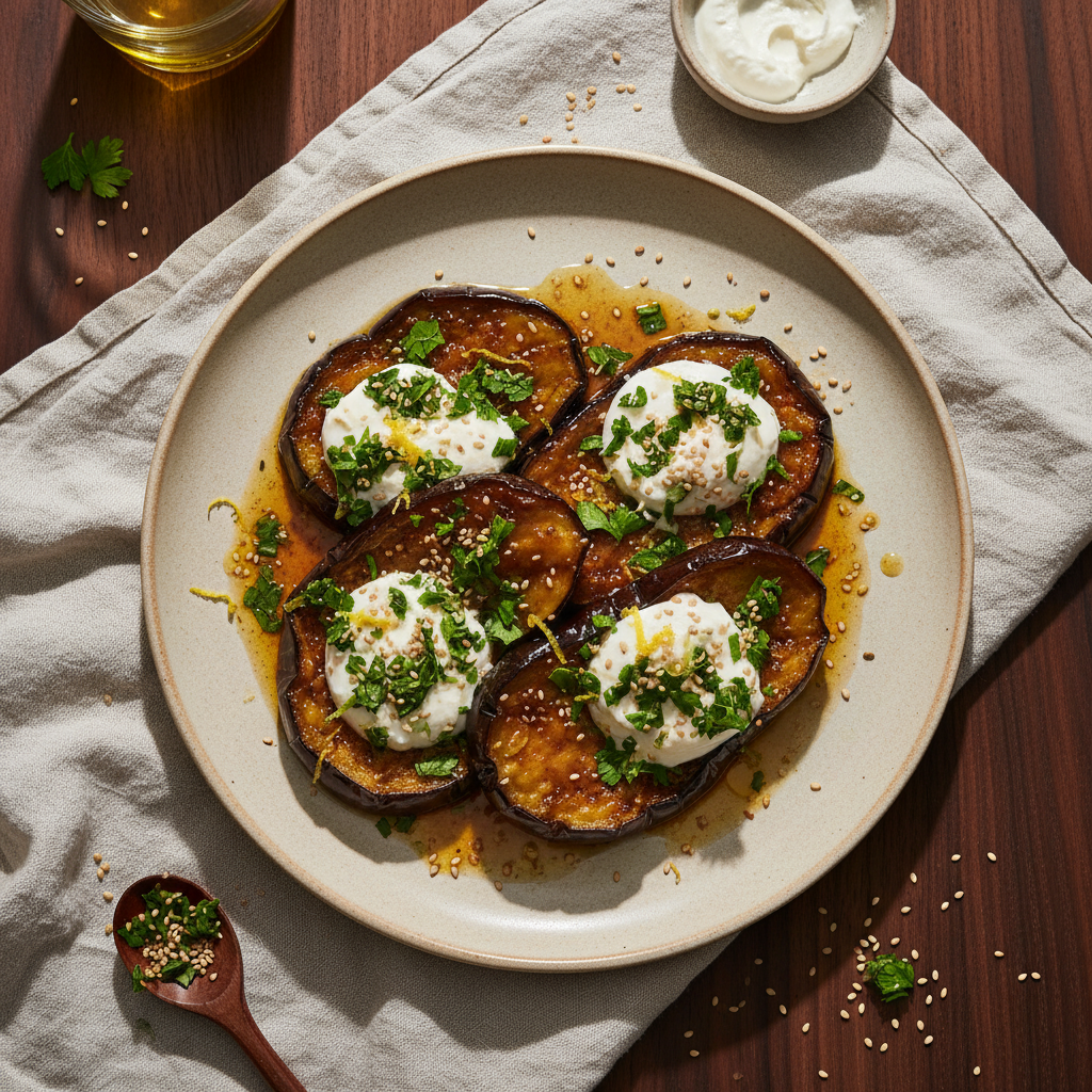 Melanzane Glassate al Miso con Stracciatella & Gremolata al Sesamo